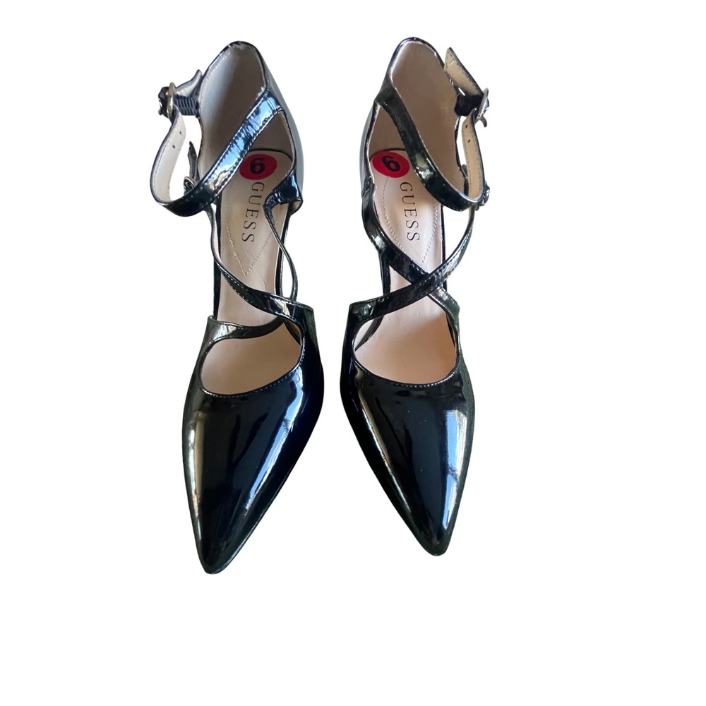 GUESS Womens Black Patent Leather Ankle Strap Stiletto‎ Heels Size 6 Pointed Toe